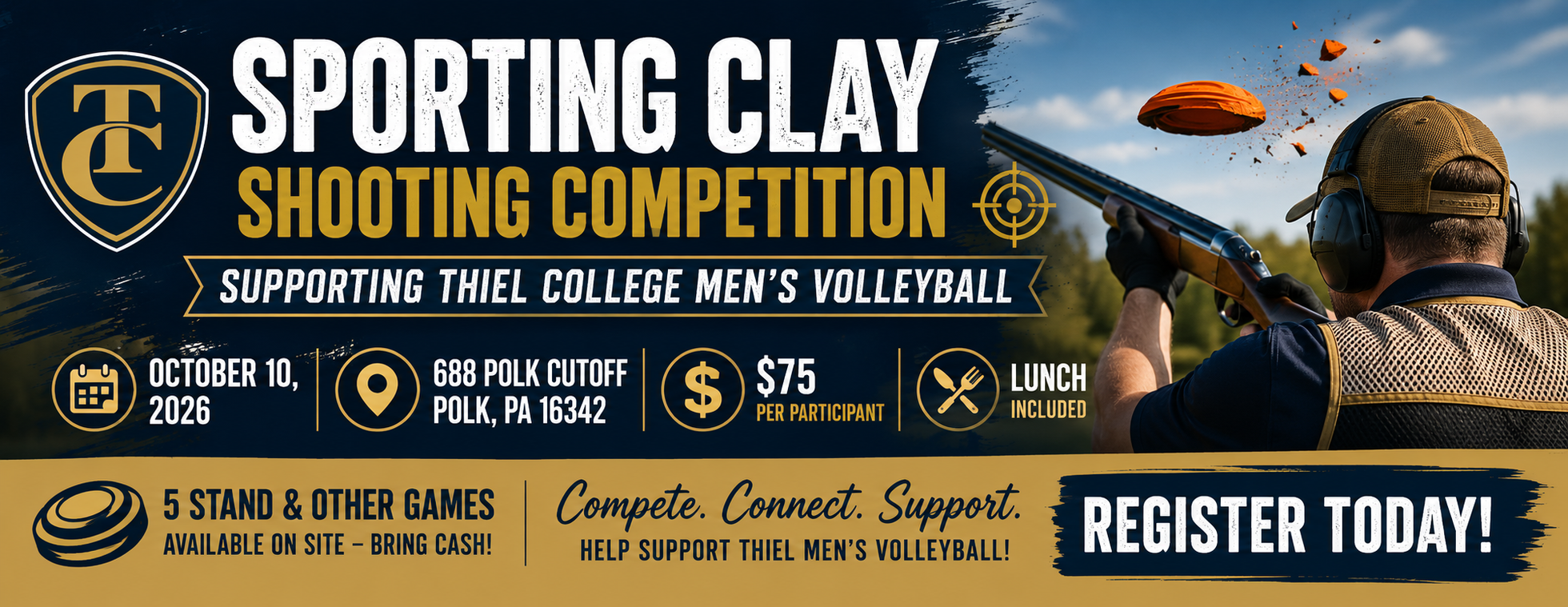 Thiel College Men's Volleyball Sporting Clay Competition Fundraiser (10-10-26) 8:00 AM Registration | 9:00 AM START!!!